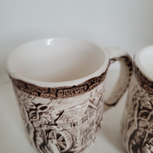 Vintage Country Ceramic Old Mill, Embossed Brick Pattern Japan- 2 Coffee Mugs - Picture 4 of 6